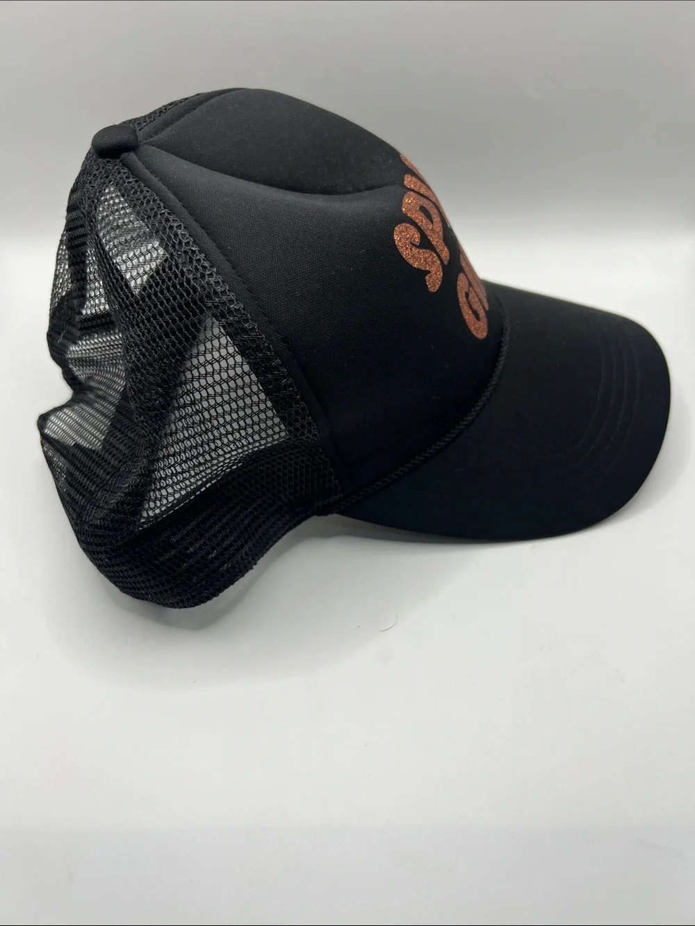 Black 'SPICE GIRL' Trucker Hat with Copper Glitter Letters